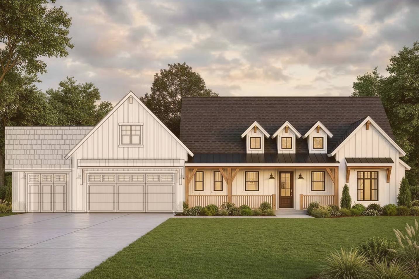 Custom farmhouse-style home rendering with garage, front porch, dark roof, landscaping, and evening sky