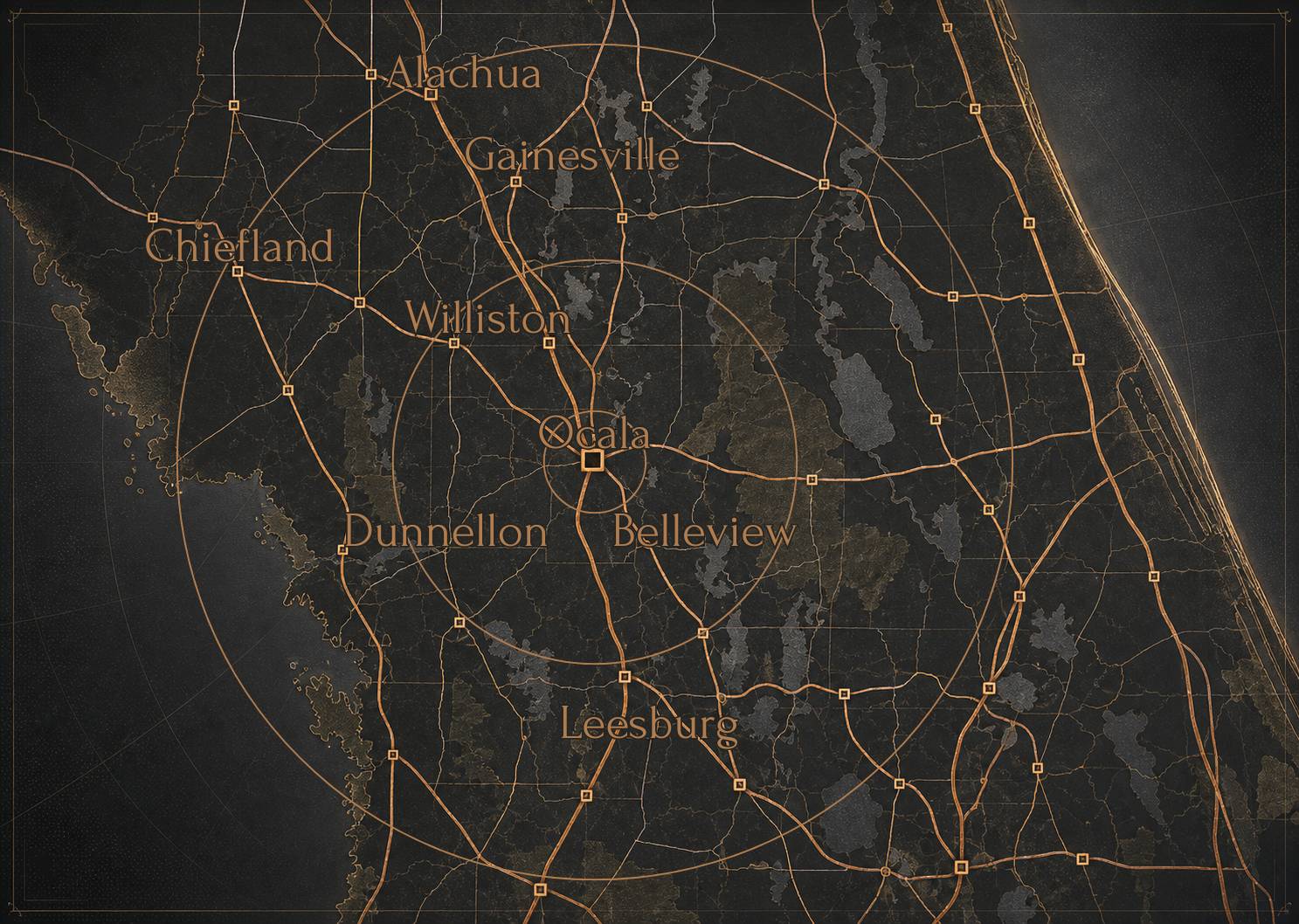 Stylized Xemplar service area map showing Ocala, Belleview, Dunnellon, Williston, Alachua, Gainesville, Chiefland, and Leesburg