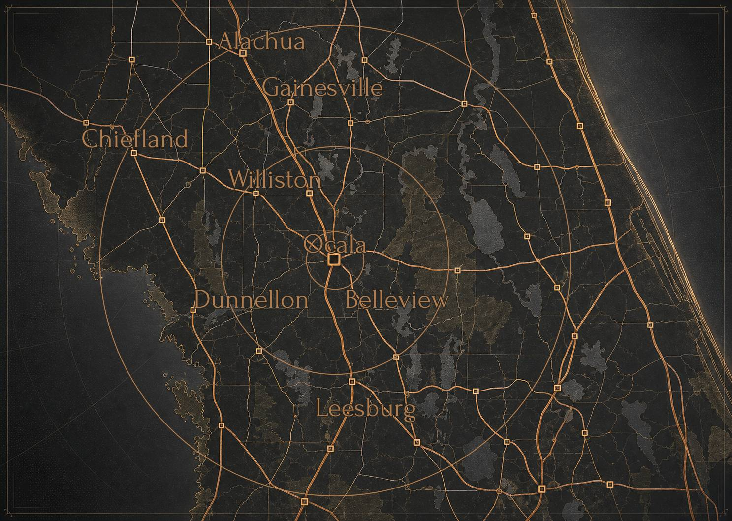 Stylized Xemplar service area map showing Ocala, Belleview, Dunnellon, Williston, Alachua, Gainesville, Chiefland, and Leesburg